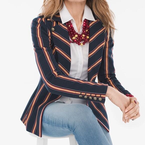 Chico's Jackets & Blazers - Chicos Striped Twill Ponte navy maroon gold tan stripe blazer Chicos size 0